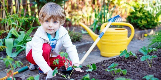 We maken een kleurrijk kinderbloembed met het kind. Foto