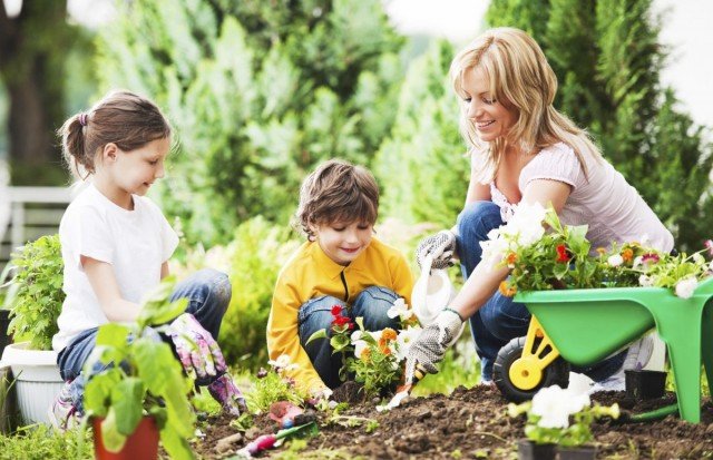 We maken een kleurrijk kinderbloembed met het kind. Foto